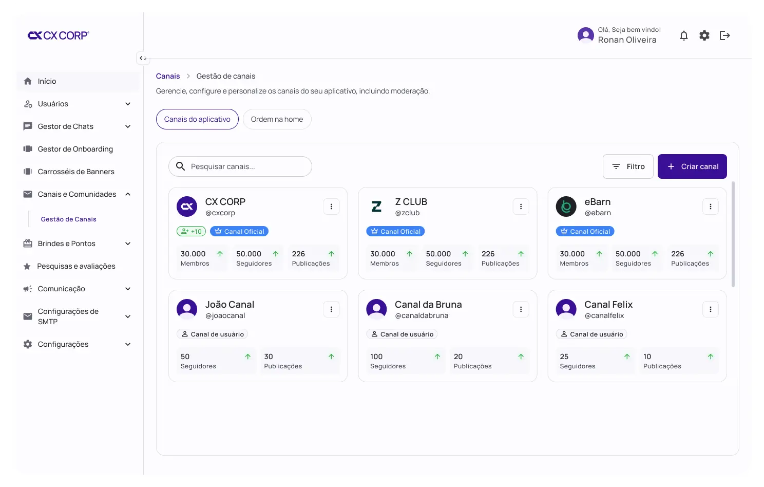 Interface da plataforma - Comunidades
